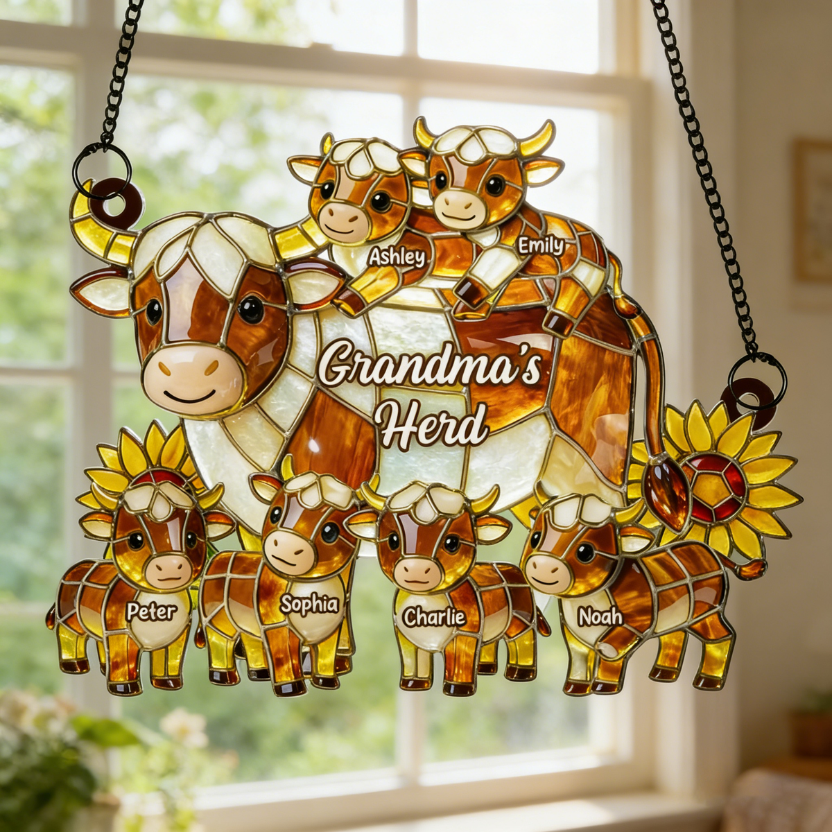 Personalized Rustic Farmhouse Cow Family Acrylic Suncatcher - Mother's Day Gift For Mom