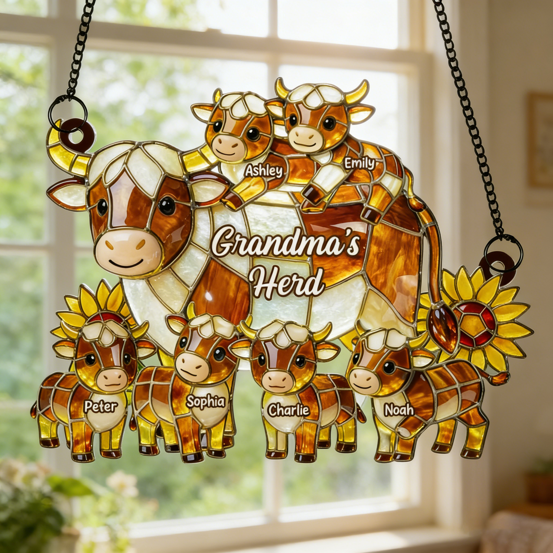 Personalized Rustic Farmhouse Cow Family Acrylic Suncatcher - Mother's Day Gift For Mom