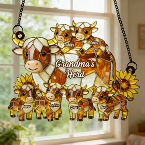 Personalized Rustic Farmhouse Cow Family Acrylic Suncatcher - Mother's Day Gift For Mom