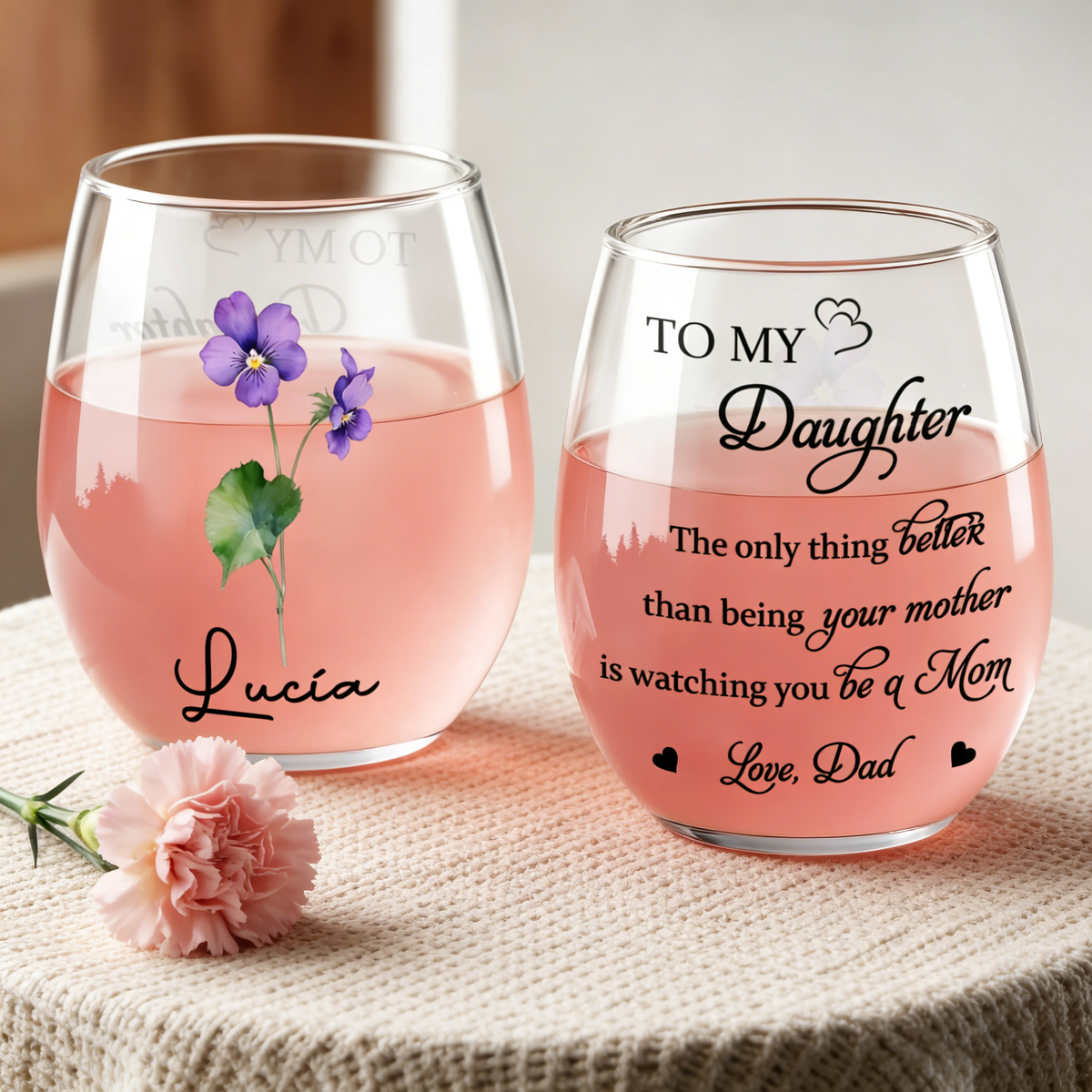 Customized Stemless Wine Glass With Flower & Name - Mother's Day Keepsake For Mothers