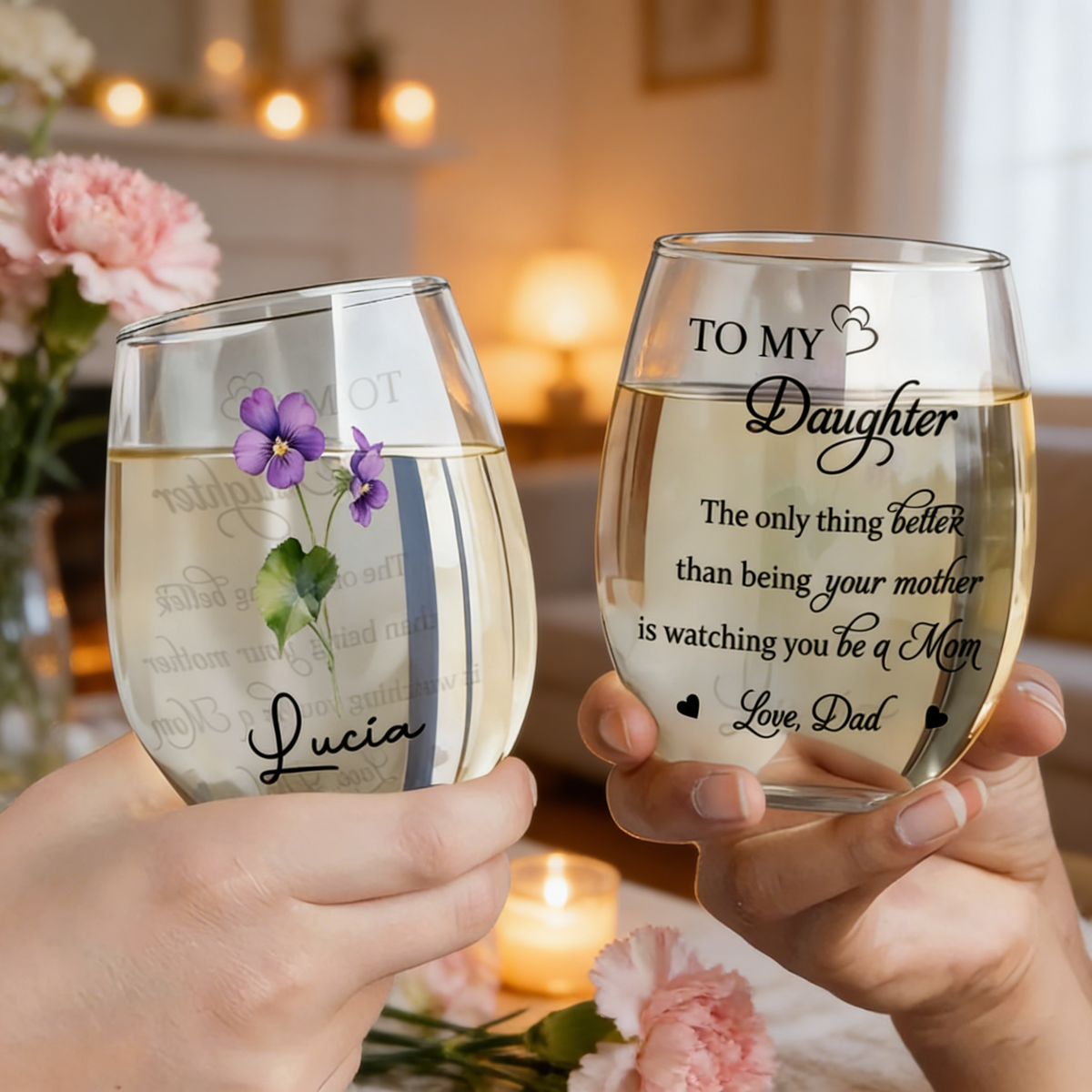 Customized Stemless Wine Glass With Flower & Name - Mother's Day Keepsake For Mothers