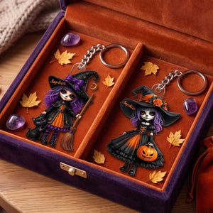 Personalized Skeleton Little Witch Acrylic Keychain | Unique Halloween Gift For Girls