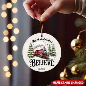 Personalized Believe North Pole Train Ceramic Ornament With Name & Elk Santa Claus Silhouette Christmas Decoration For Family