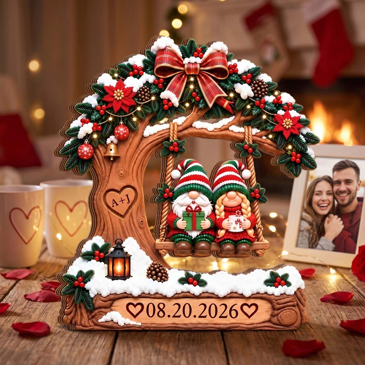 Christmas Couple on Snowy Tree Swing - Personalized Couple Tree Swing Wooden Block For Couple Christmas Anniversary Gift