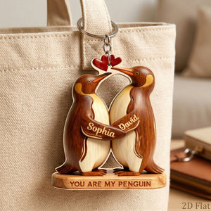 Personalized Wooden Keychain You Are My Penguin - Custom Name Anniversary Gift For Couples
