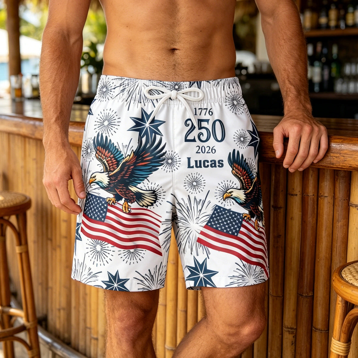 Custom Name USA 250th Anniversary Swim Trunks | Men's Patriotic Flag Shorts | 4th Of July Gift