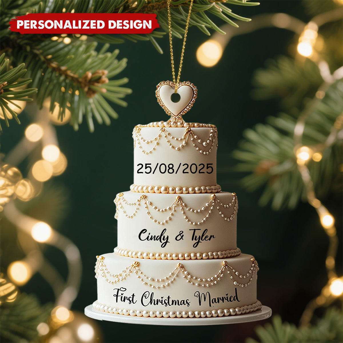 Personalized Wedding Cake Ornament With Names & Date,Romantic "First Christmas Married" Gift For Newlyweds & Couple