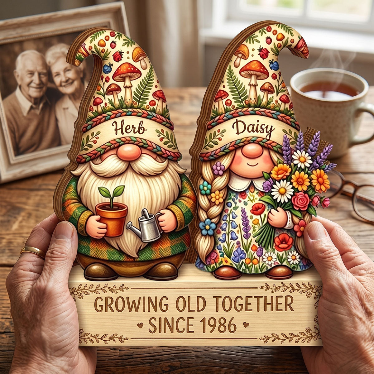 "Growing Old Together" Personalized Wooden Block - Anniversary Gift For Couples Grandparents