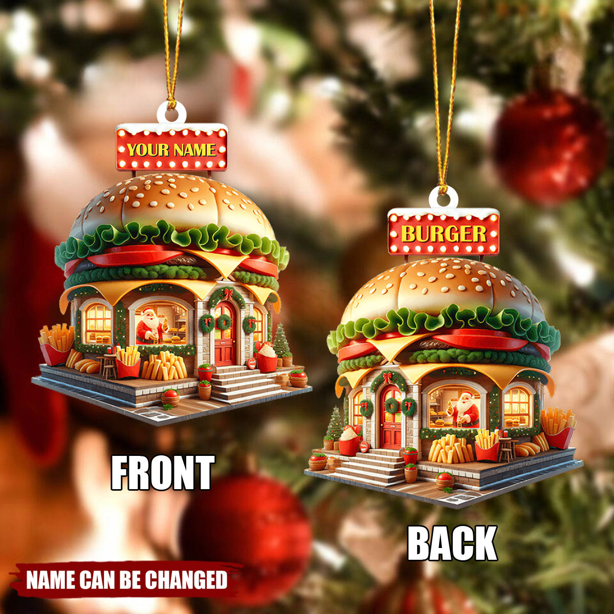 Personalized Burger Christmas Ornament With Name,Fun Unique Christmas Gift For the Burger Lover