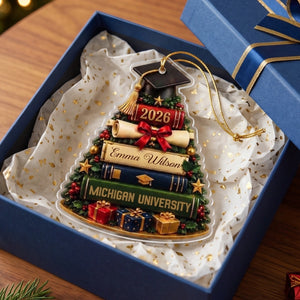 Personalized Graduation Cap With Books Christmas Ornament -  Class Of 2026 Gift