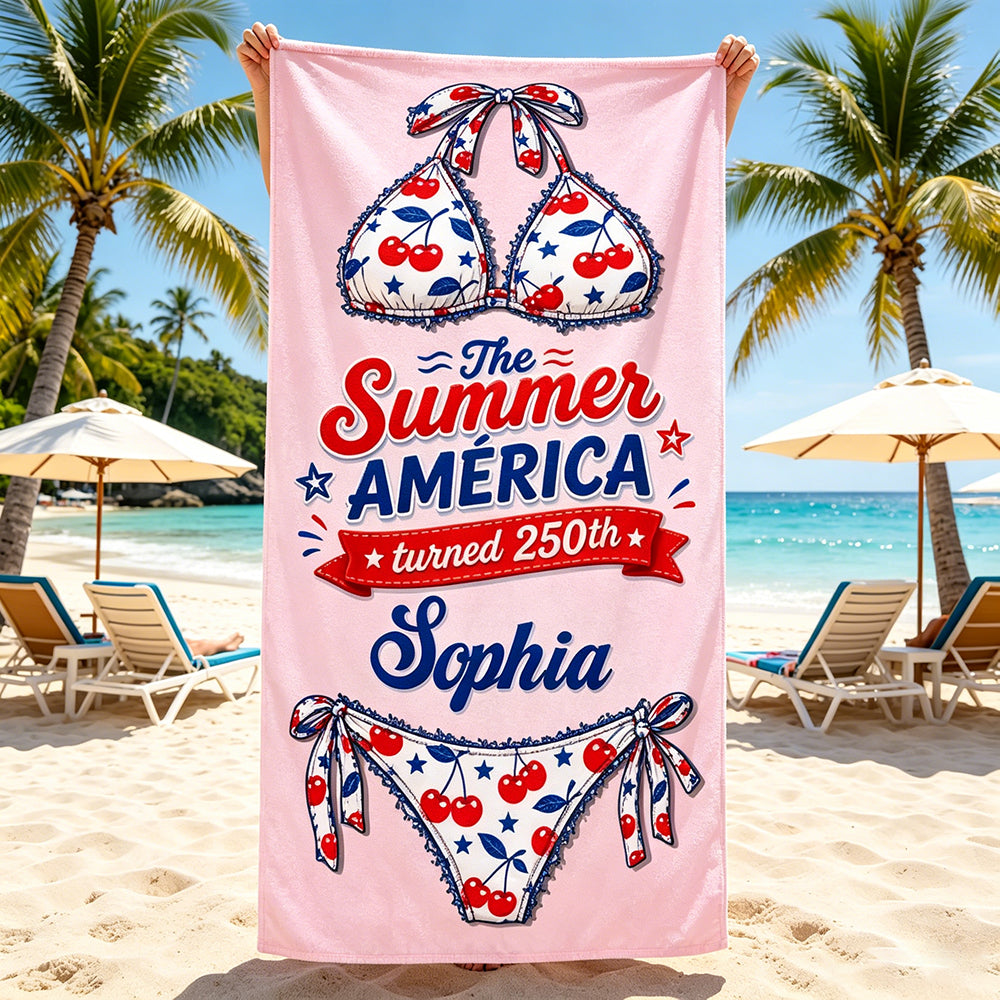 Personalized America 250th Beach Towel With Cherry Stars Stripes Bikini - Independence Gift For Her