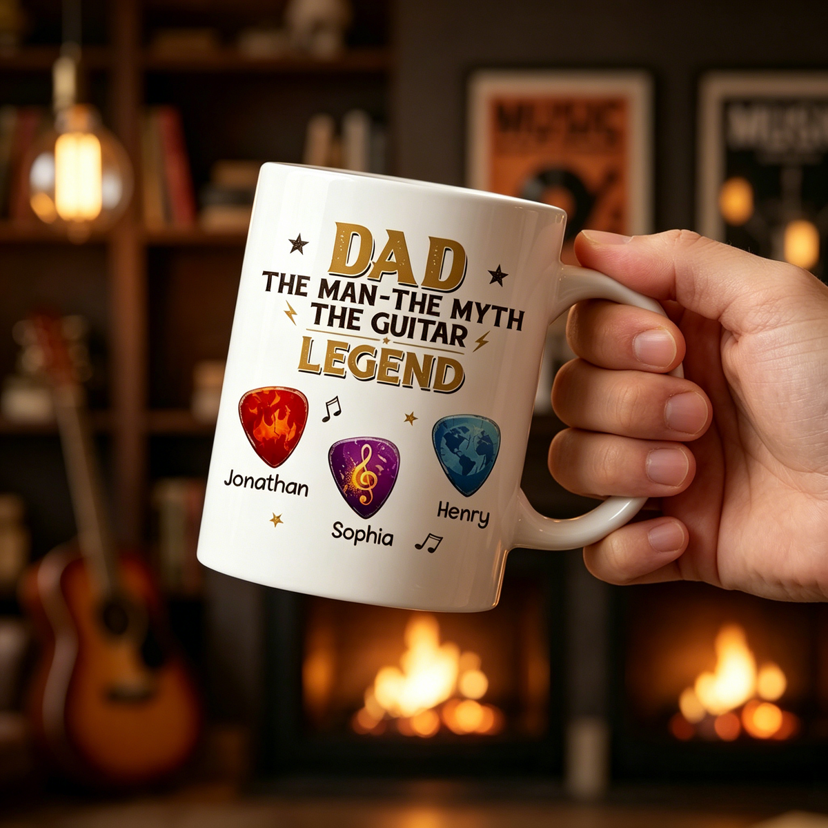 Personalized Guitar Pick Ceramic Mug With 1-6 Kids Names - Father's Day Gift For Guitar Player Dad