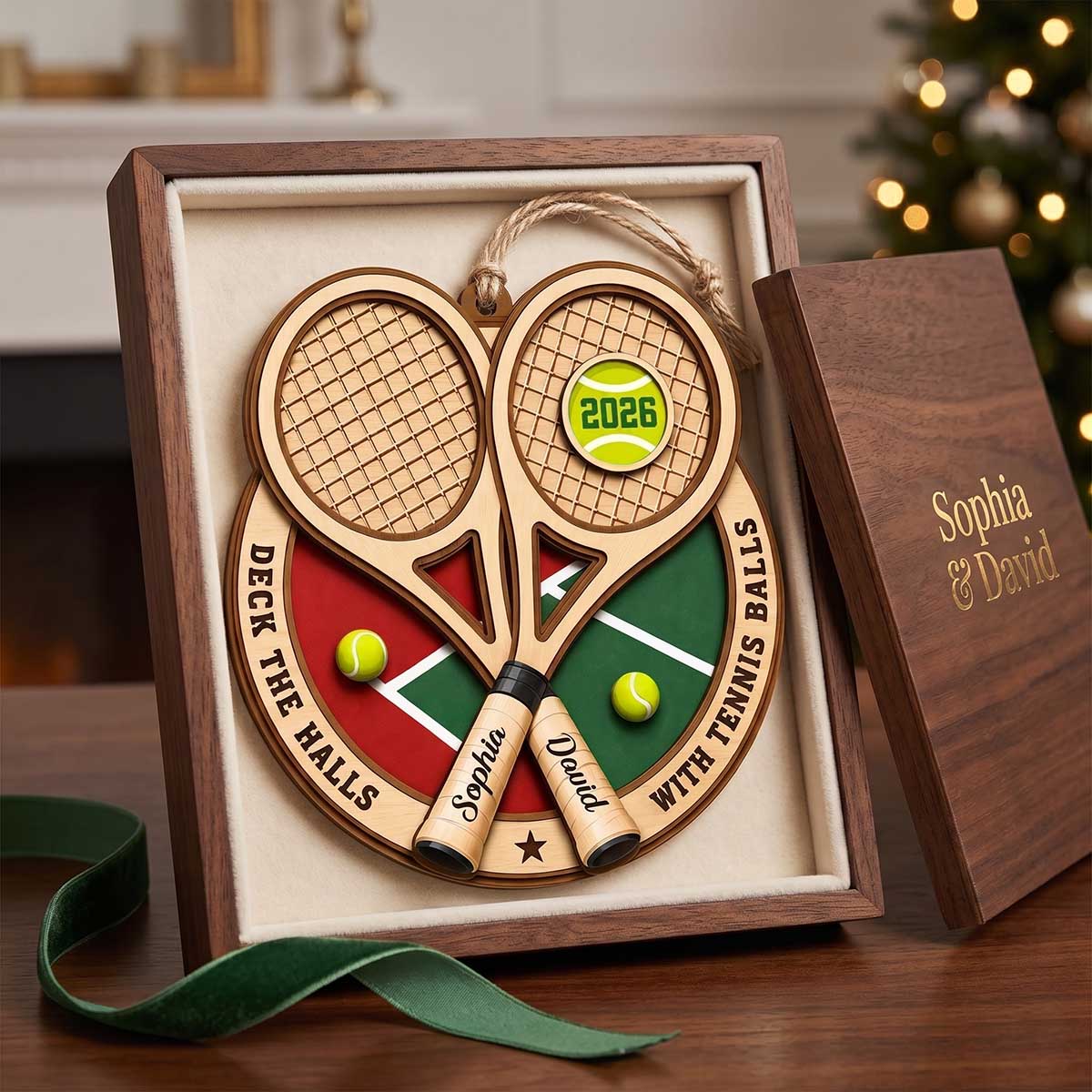 Personalized "Deck The Halls With Tennis Balls" Wood Ornament - Christmas Gift For Tennis Lovers Players Couples