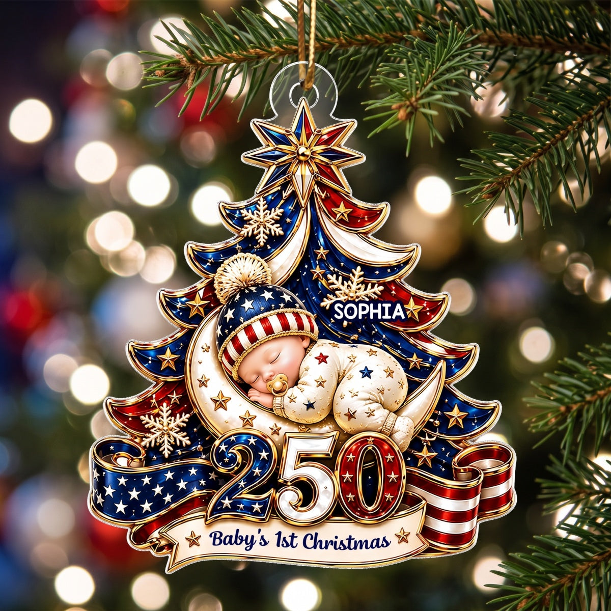 Personalized America 250th Anniversary Baby First Christmas Acrylic Ornament - Gift For Newborn