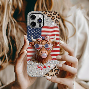 Personalized Highland Cow Phone Case Glitter Leopard | 250th US Anniversary Holiday Gift