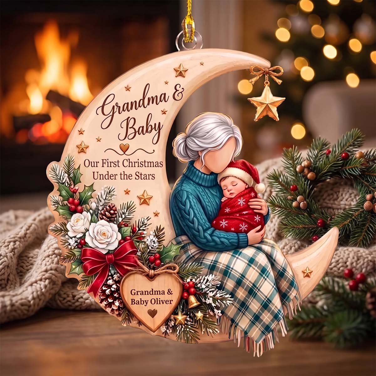 Personalized Grandma & Baby Moon Acrylic Ornament | Christmas Gift For Grandma New Baby