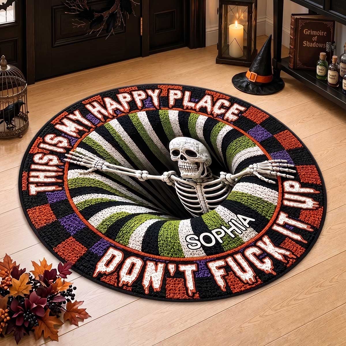 Personalized Halloween Skeleton Doormat With "This Is Our Happy Place" | 3D Effect Home Decor For Gothic Lovers