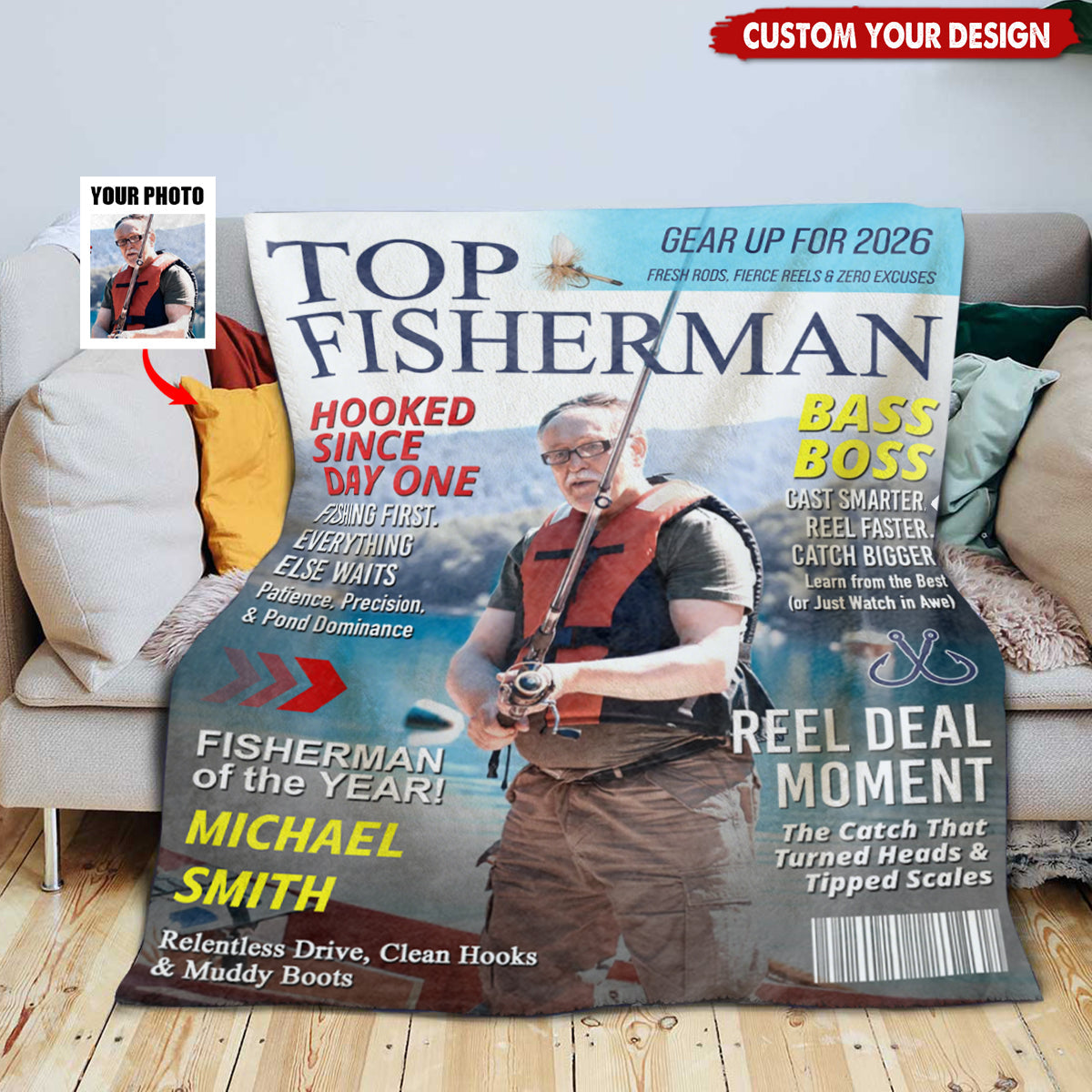 Personalized "Top Fisherman" Magazine Cover Blanket With Photo & Name & Tagline And Headline | Funny Gift For Fisherman Dad Husband Friend