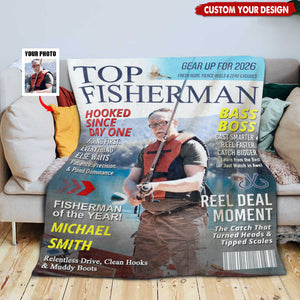 Personalized "Top Fisherman" Magazine Cover Blanket With Photo & Name & Tagline And Headline | Funny Gift For Fisherman Dad Husband Friend