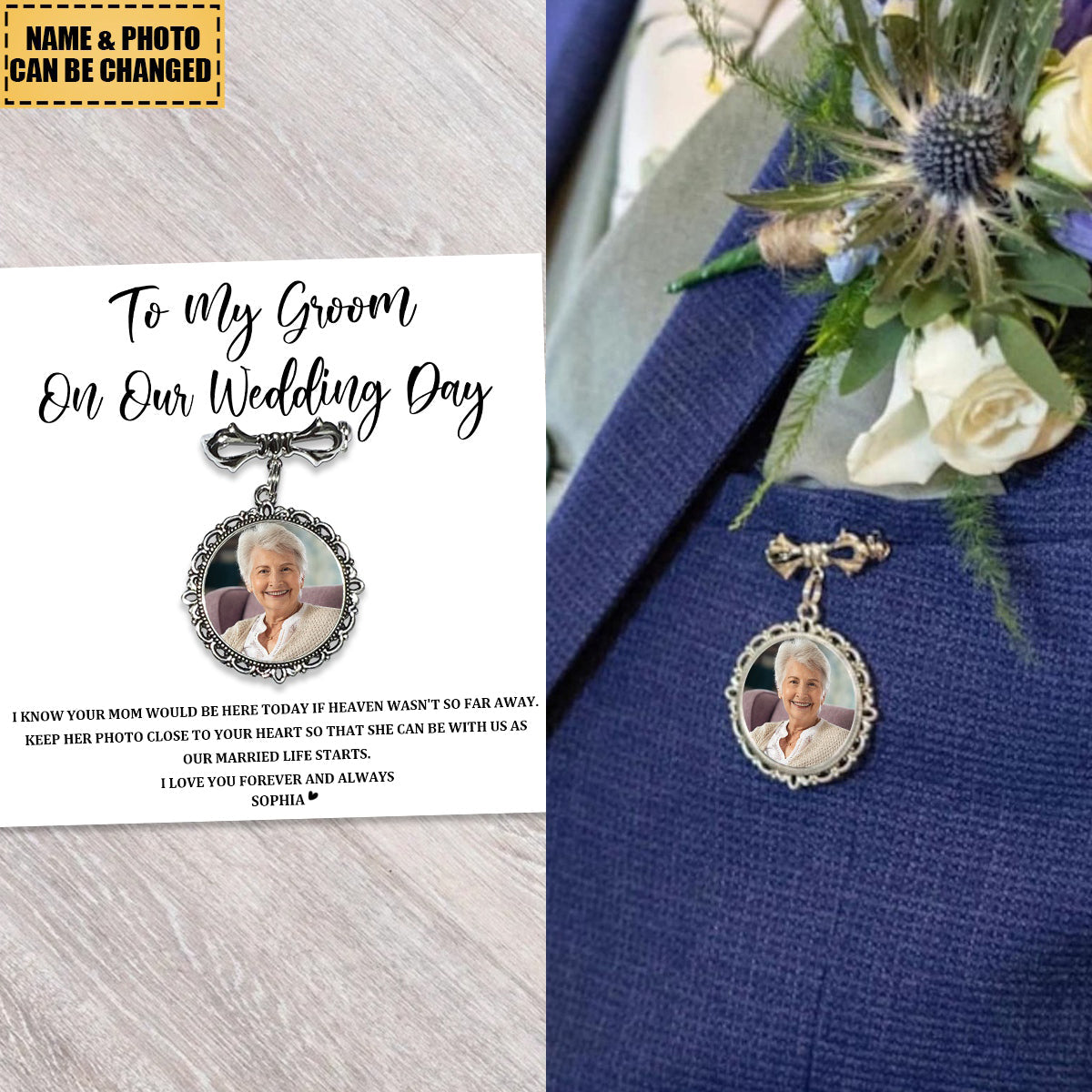 Personalized Memorial Photo Bow Charm Pin - Keep Loved Ones Close - Wedding Gift For Groom, Bride