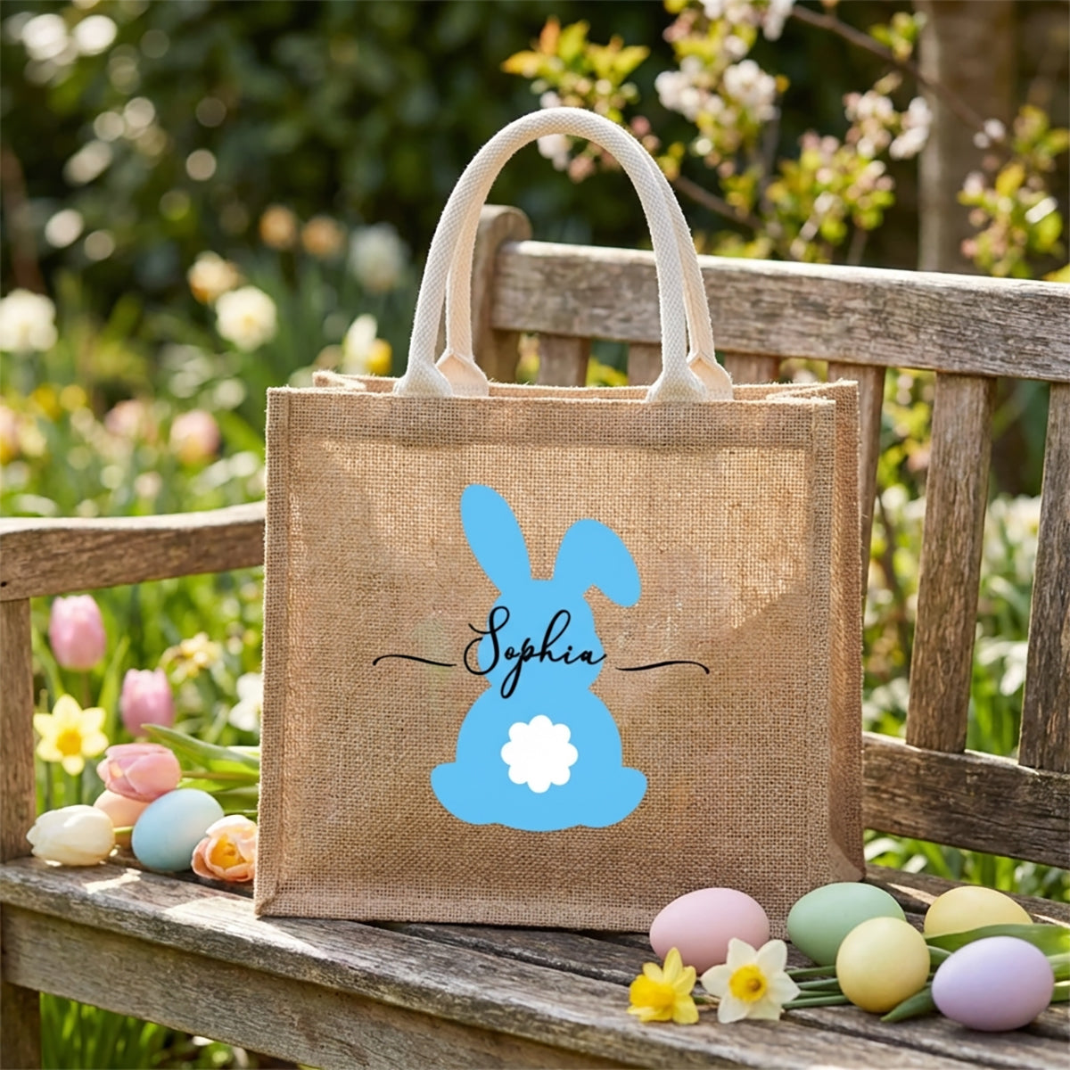 Personalized Easter Bunny Jute Tote Bag With Name - Perfect for Kids Egg Hunts & Spring Celebrations