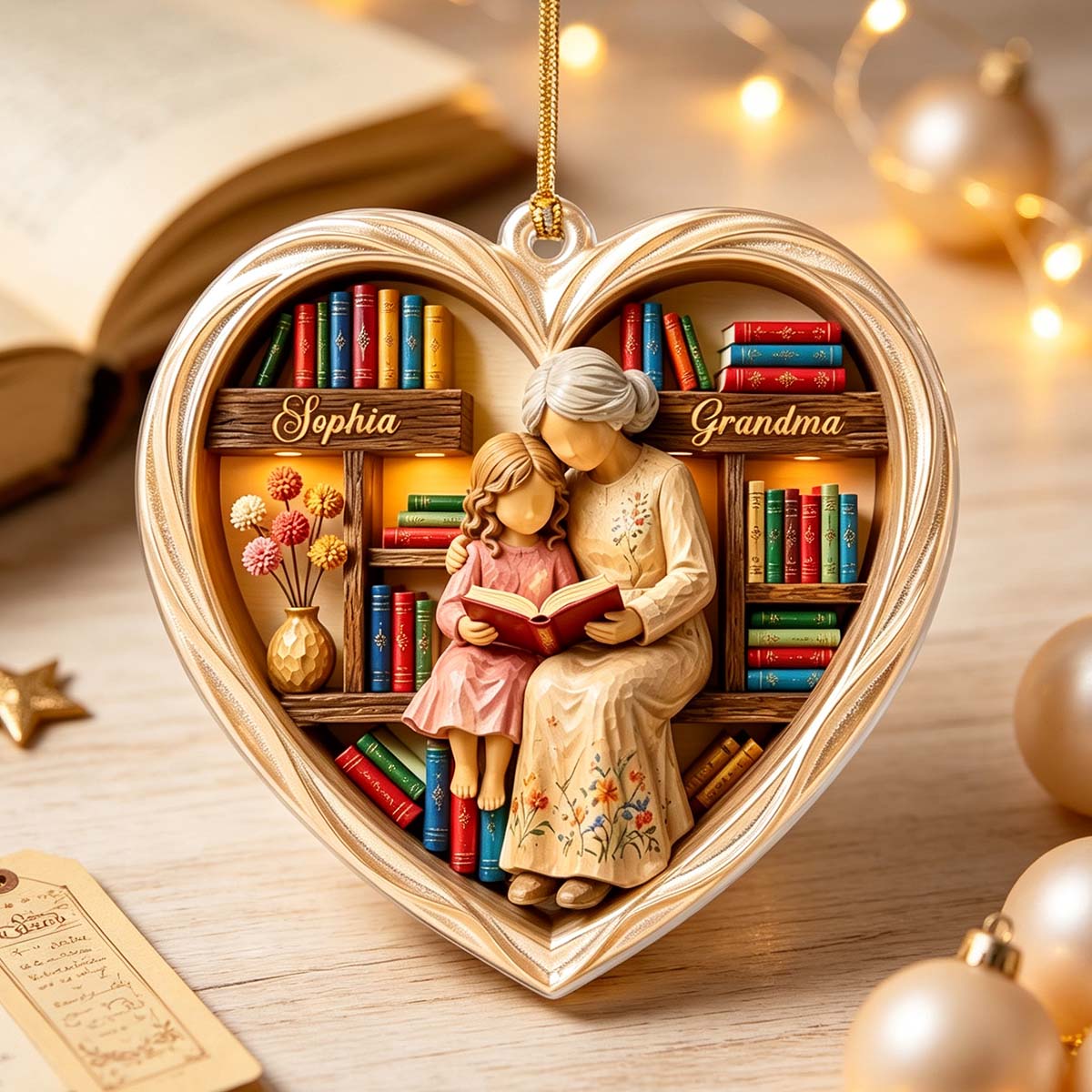 Personalized Grandma & Grandkid Reading Acrylic Ornament | Warm Christmas Gift