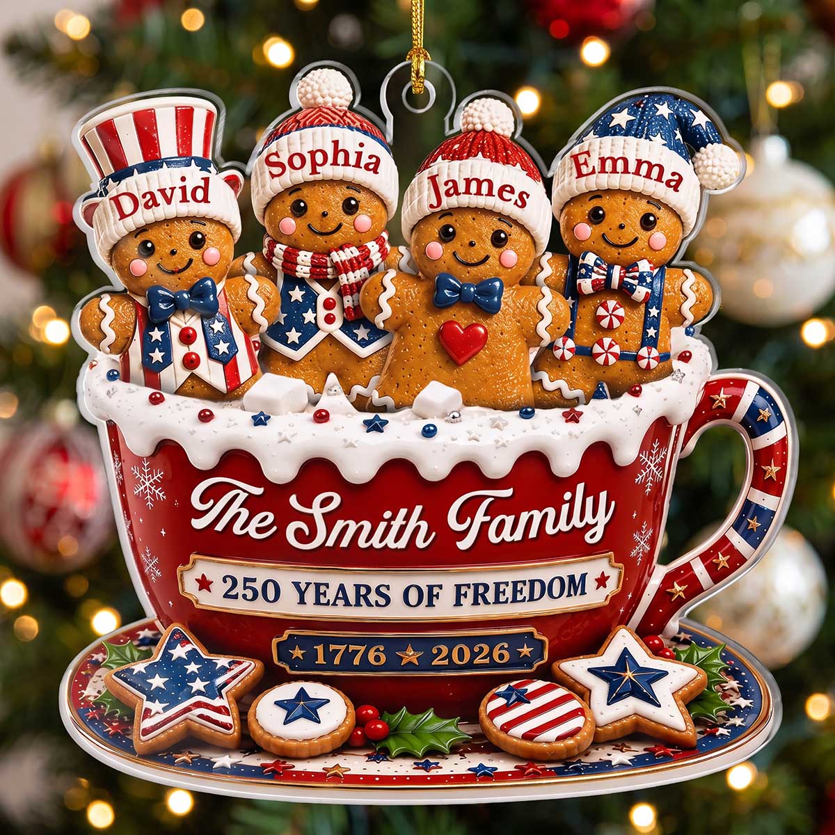 Personalized USA 250th Anniversary Gingerbread Family Cup Acrylic Ornament | Christmas Gifts For Family