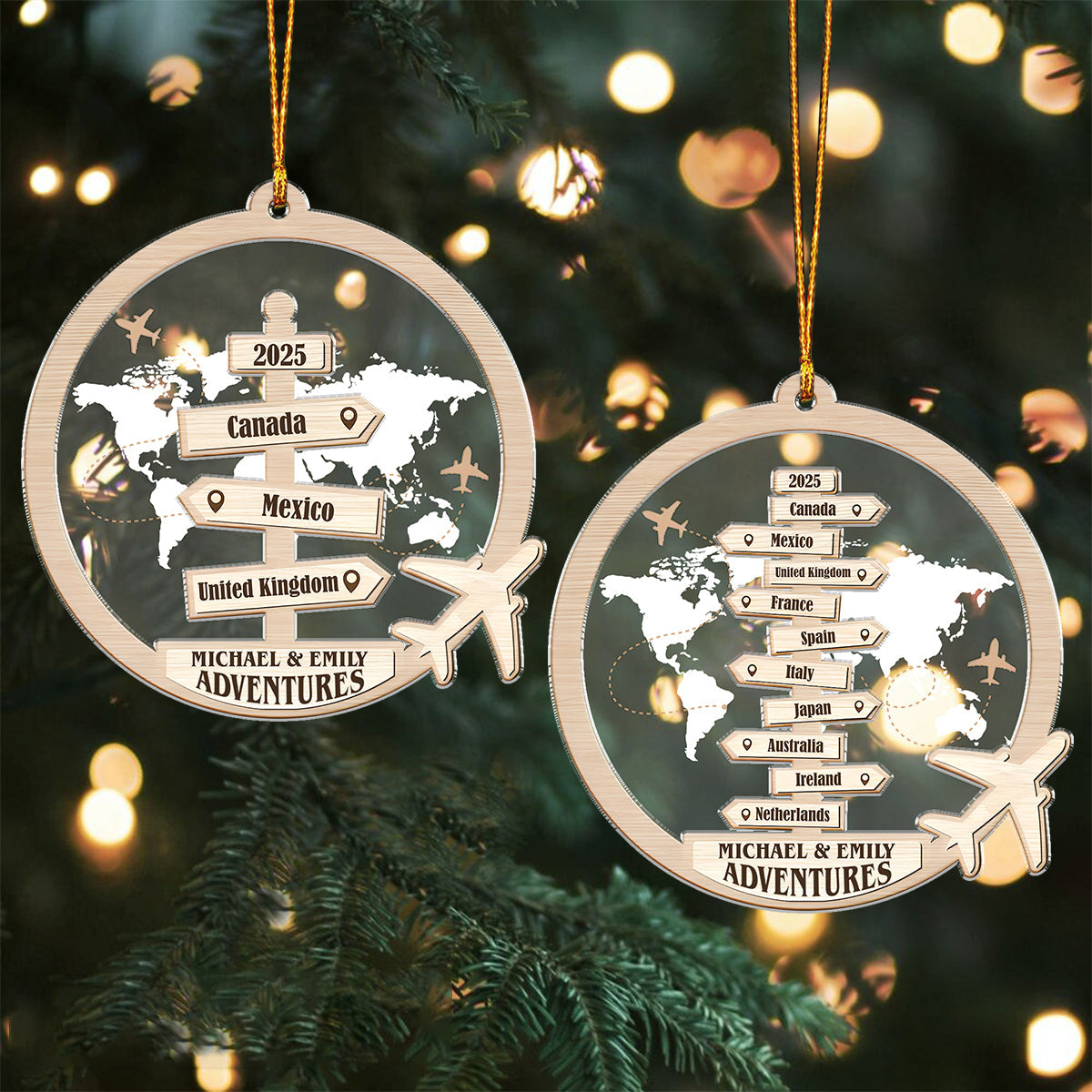 Personalized Travel Ornament - Custom Engraved Destination Map, Names & Year | Unique Anniversary & Christmas Gift For Couples & Travel Lover