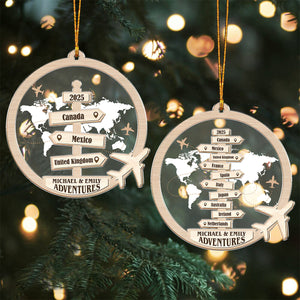 Personalized Travel Ornament - Custom Engraved Destination Map, Names & Year | Unique Anniversary & Christmas Gift For Couples & Travel Lover