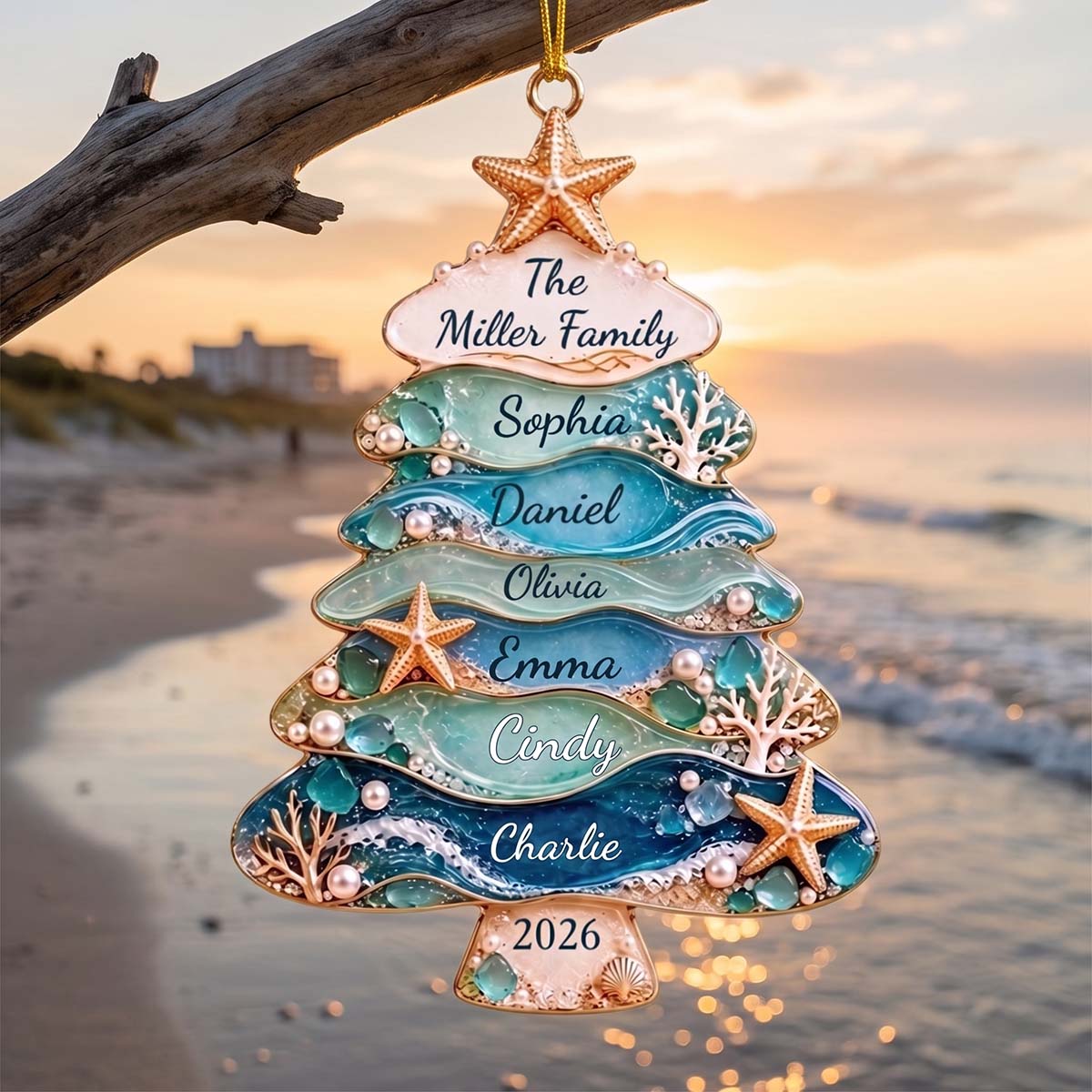 Personalized Coastal Family Name Christmas Acrylic Ornament | Coastal Christmas Keepsake Gift For Family