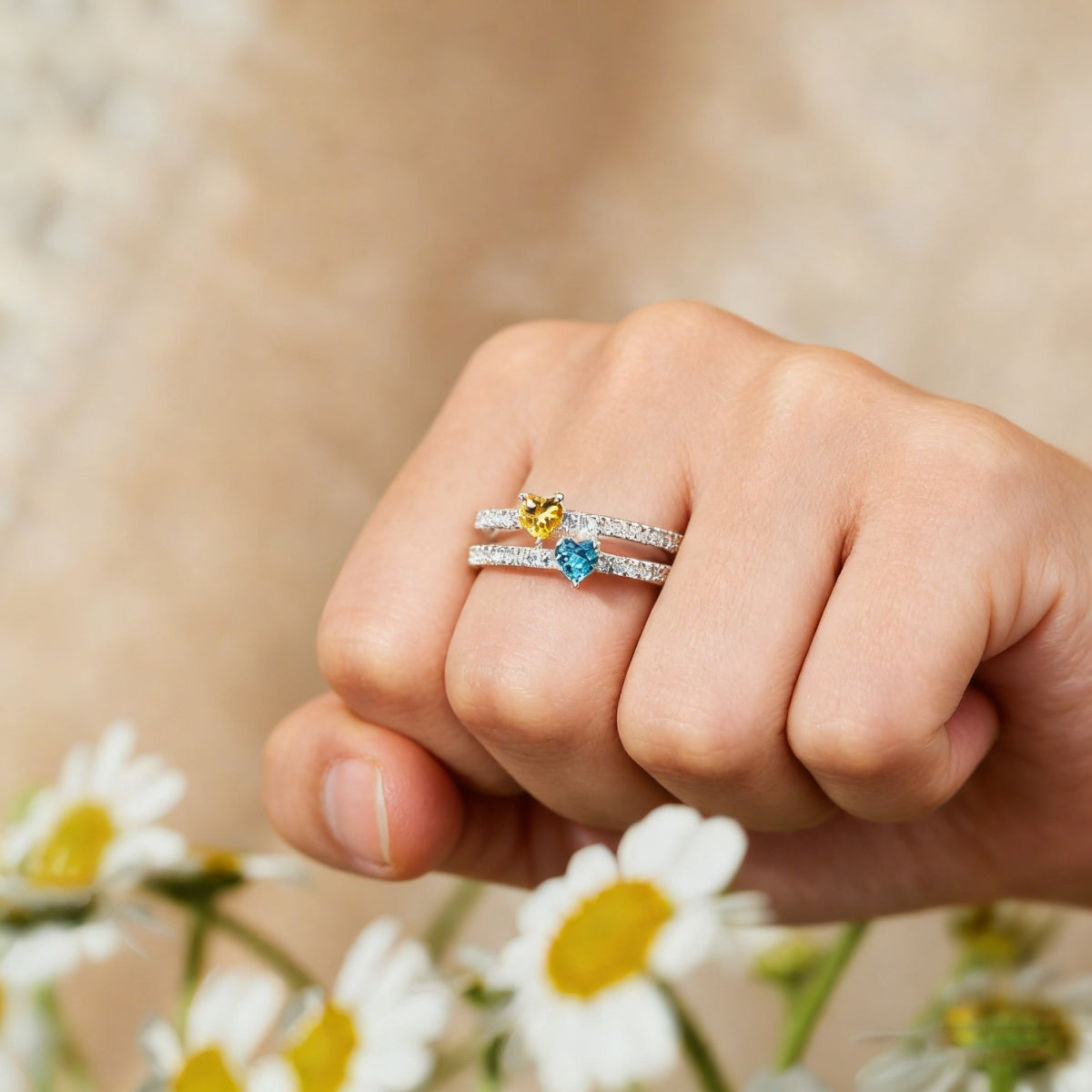 Personalized Double Band Eternity Promise Ring With Two Heart Birthstones - Luxury Valentine's Day Anniversary Gift For Girlfriend & Wife