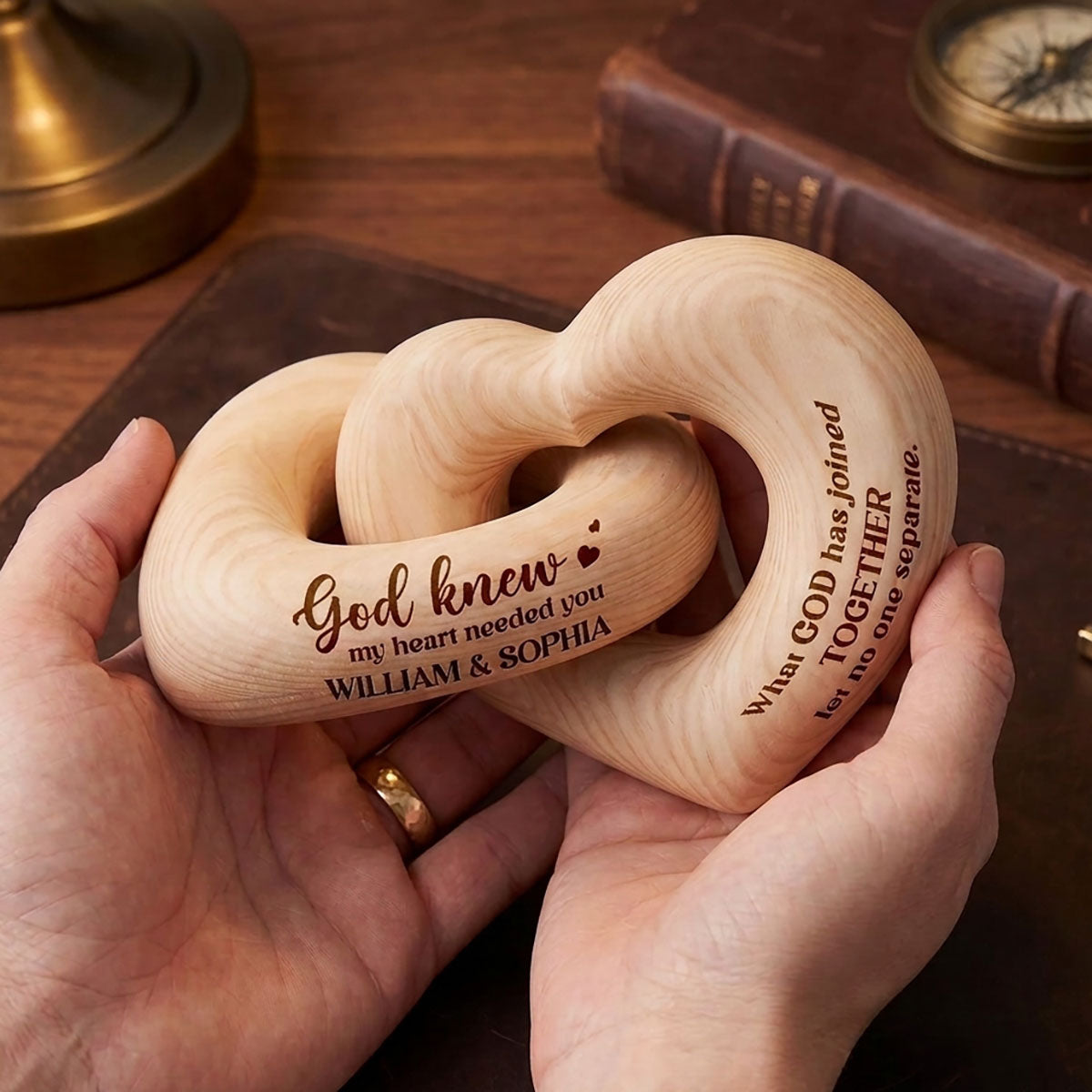 Personalized Interlocking Couple Wooden Hearts Sculpture - God Knew My Heart Needed You