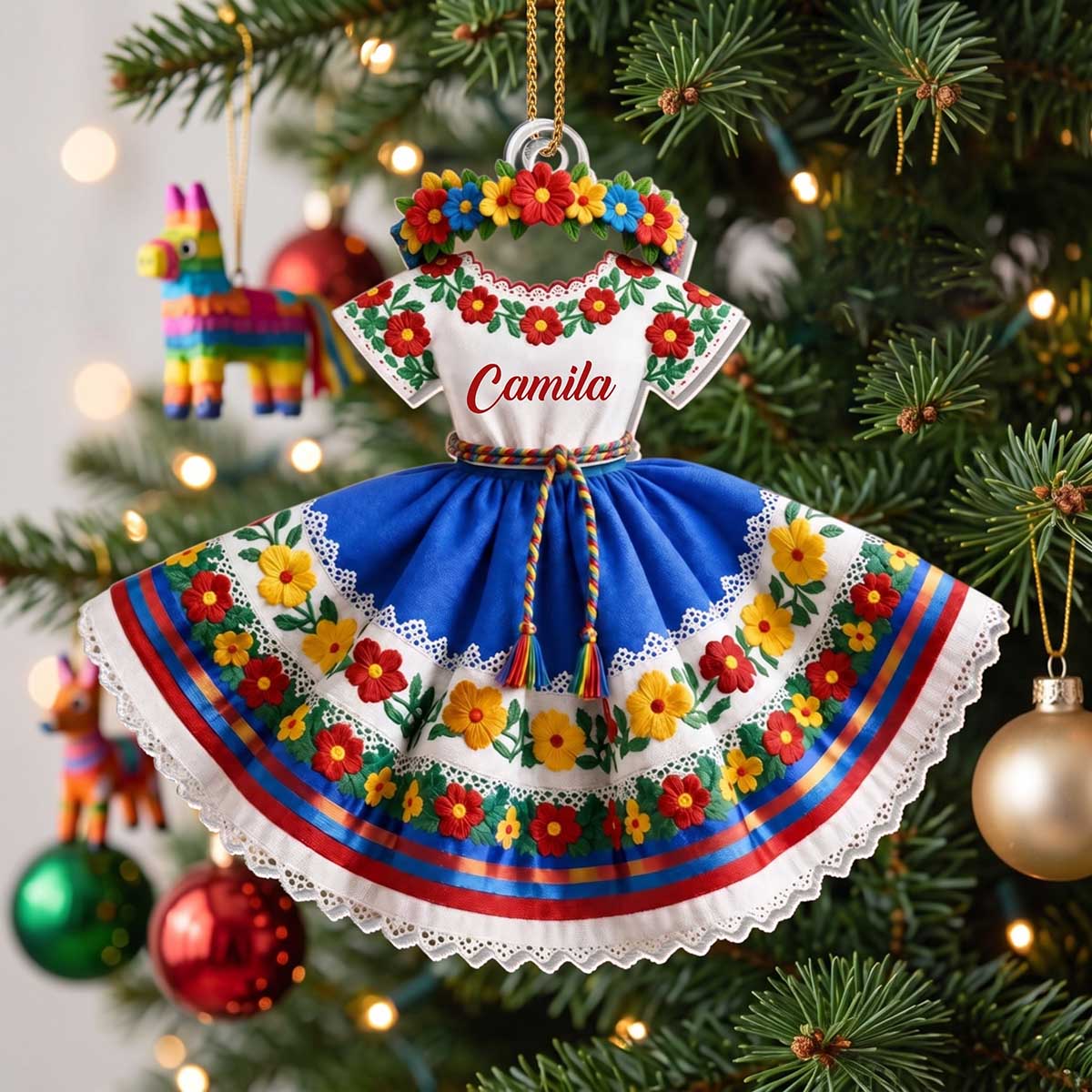 Personalized Hispanic Heritage Dress Acrylic Ornament | Christmas Cultural Gift