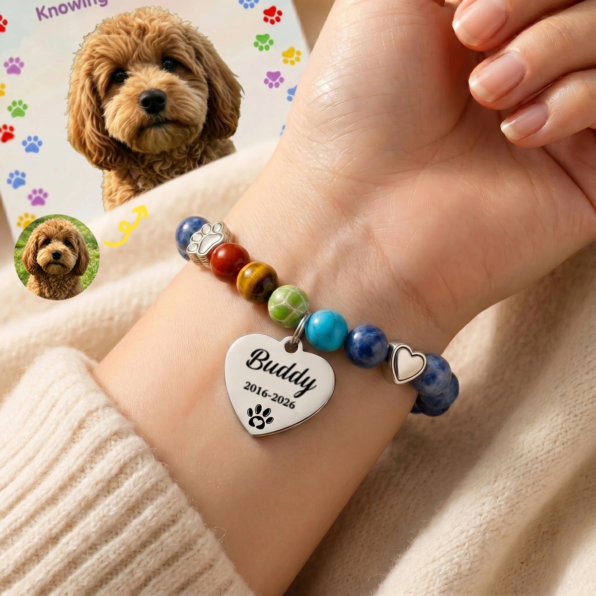 Custom Name & Photo Rainbow Bridge Pet Memorial Bracelet | Dog Cat Loss Sympathy Gift With Card