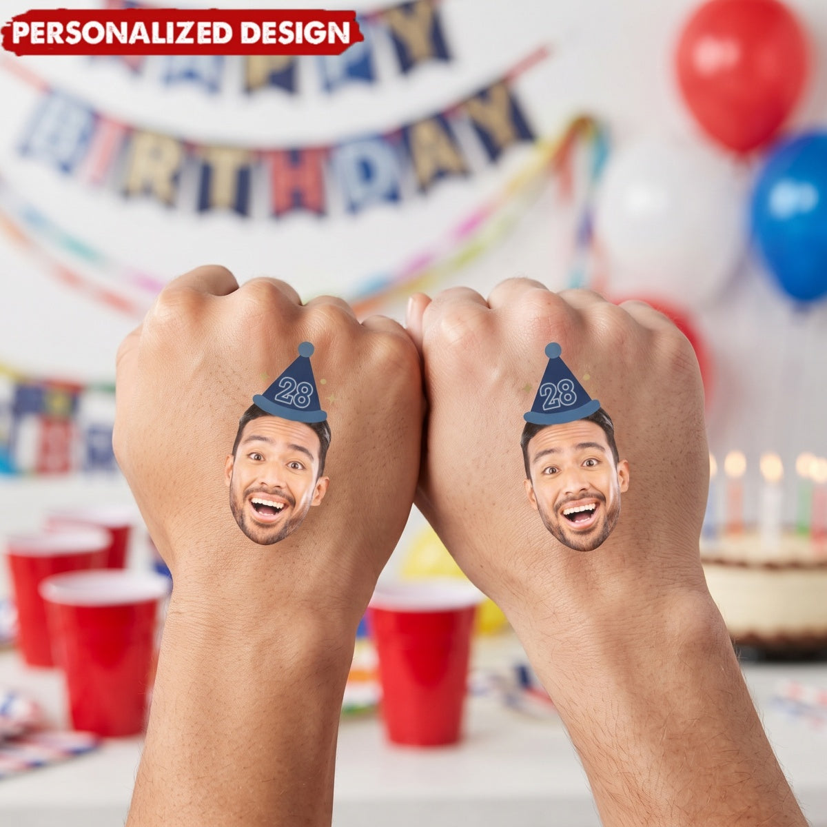 Custom Fun Face Temporary Tattoos With Party Hat & Age - Birthday Party Favors & Gag Gift For Adults
