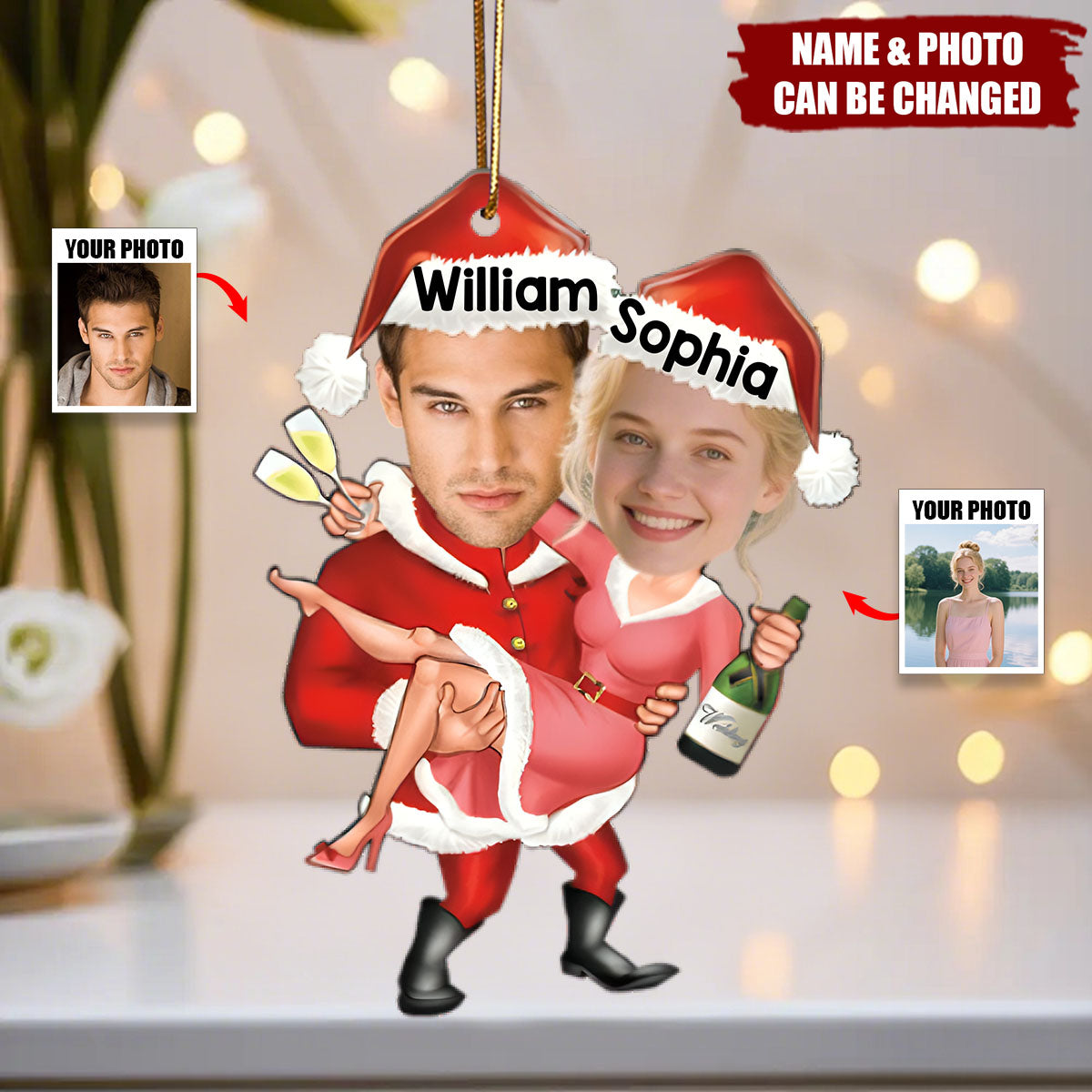 Personalized Christmas Ornament Santa Carrying Miss Claus Celebration With Names & Photo "Love Decor" For Couple Newlyweds