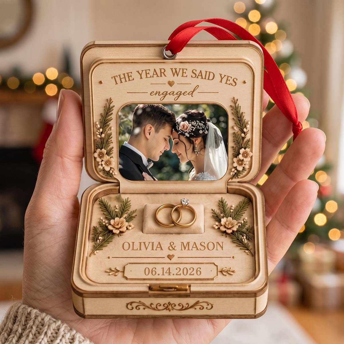 Personalized Engagement Ring Box Acrylic Ornament - Newly Engaged Christmas Tree Gift For Fiancé Fiancée