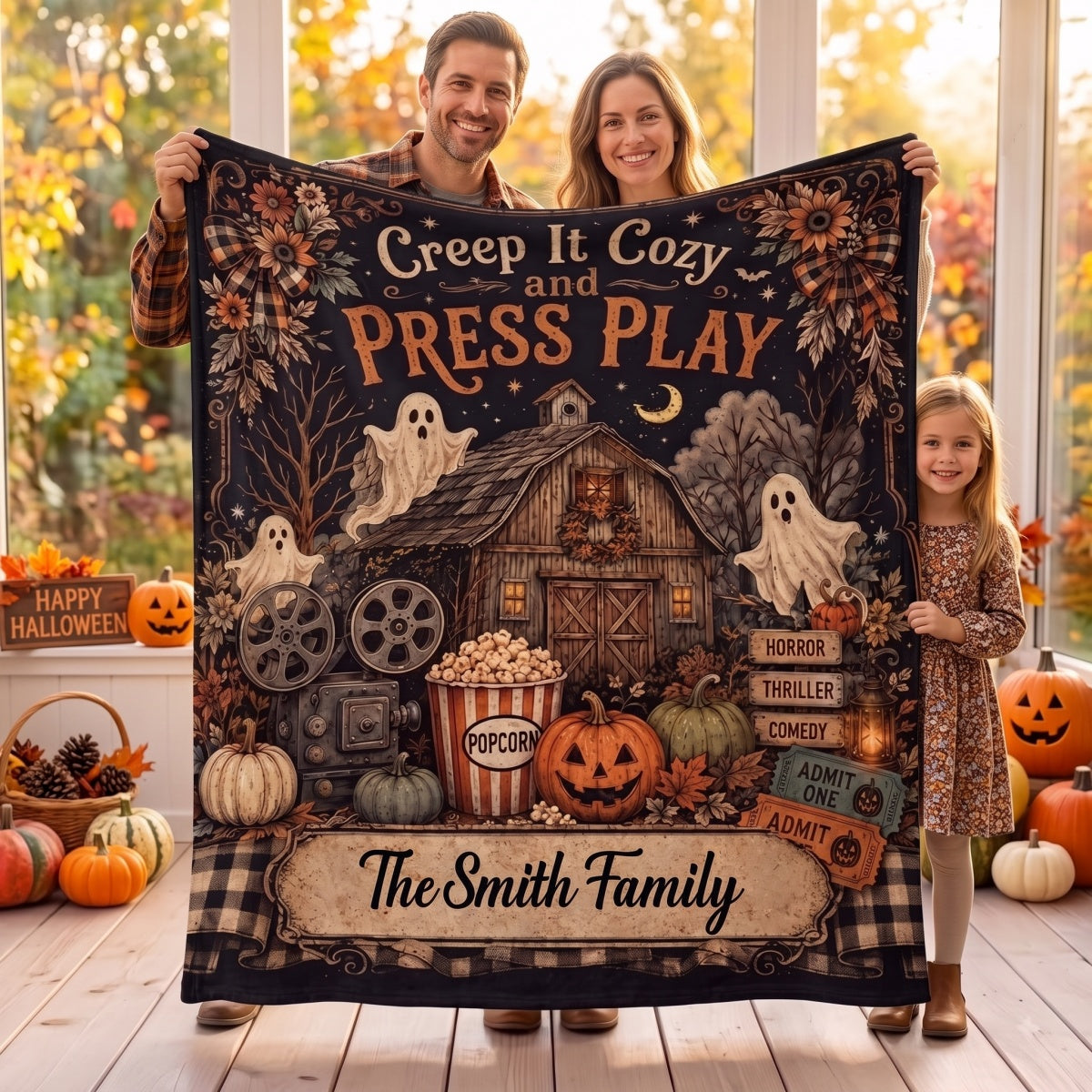 Personalized Halloween Movie Blanket - Haunted House Ghost Pumpkin Movie Night Decor - Family Gift