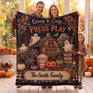 Personalized Halloween Movie Blanket - Haunted House Ghost Pumpkin Movie Night Decor - Family Gift