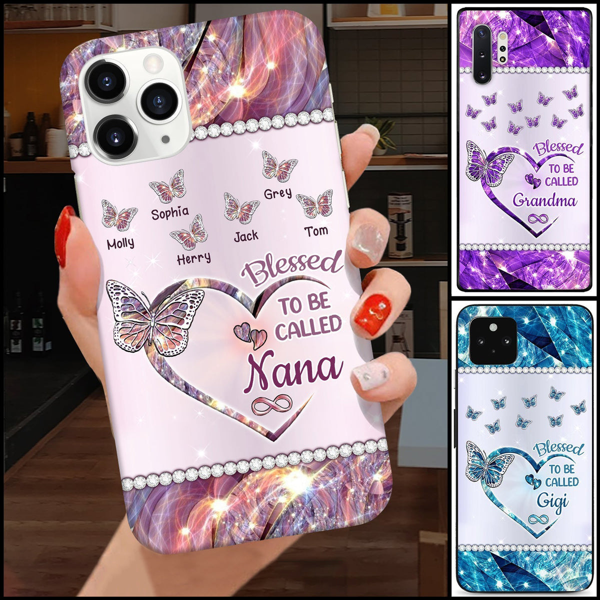 Custom Glass Phone Case - Shiny Heart-Shaped Butterfly Design, Drop-proof and Wear-resistant, Customized for Your Grandma,Mother