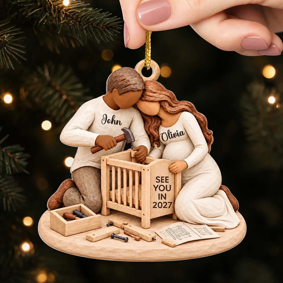 Expecting Parents Building Crib - Personalized Acrylic Ornament, New Mom Dad Christmas Gift