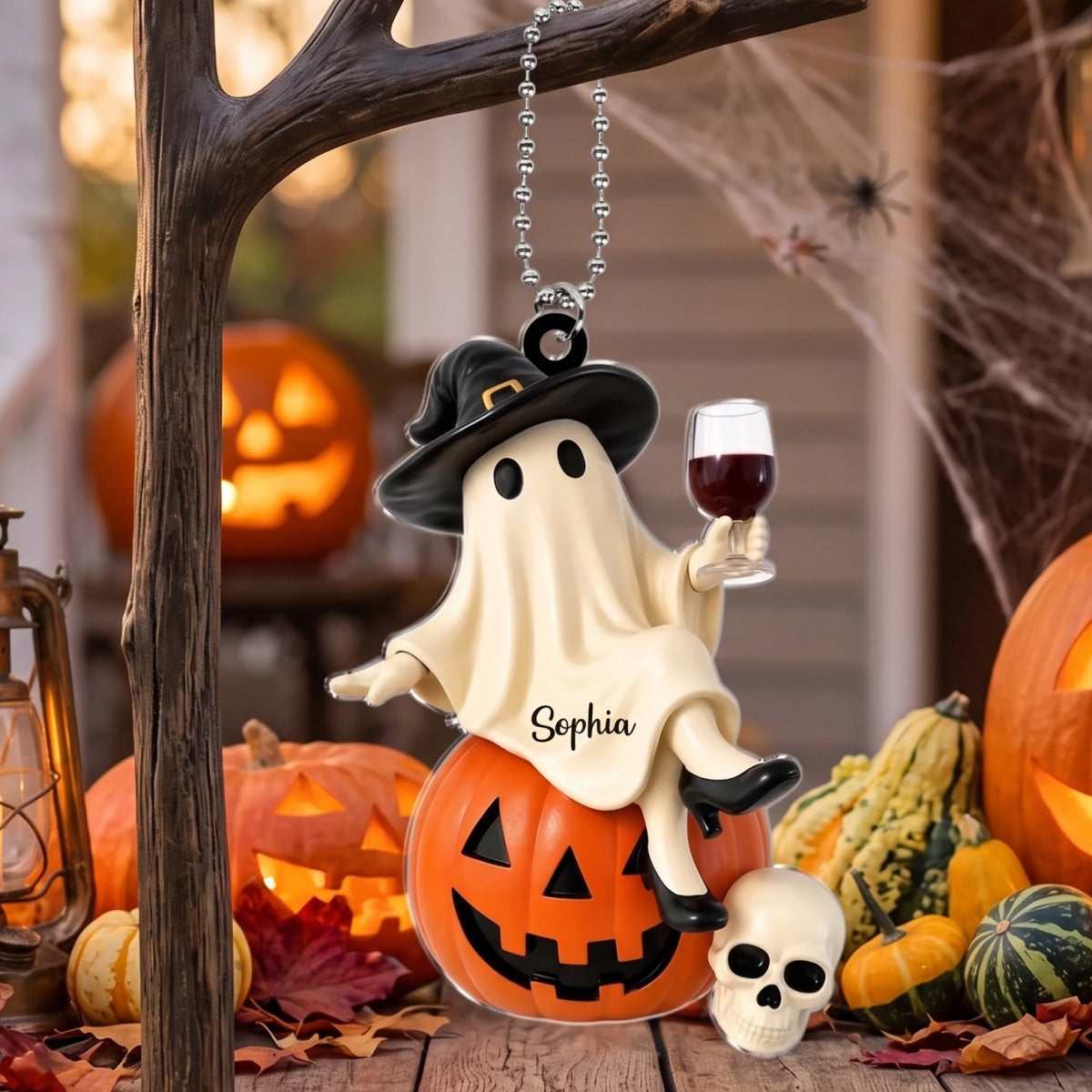 Personalized Name Pumpkin Skull Car Ornament With Ghost Witch Wine Statue - Halloween Gift