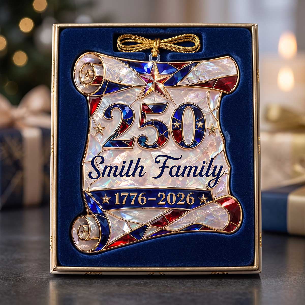 Personalized 1776–2026 Hologram Scroll Acrylic Ornament | American Family Christmas Commemorative Gift