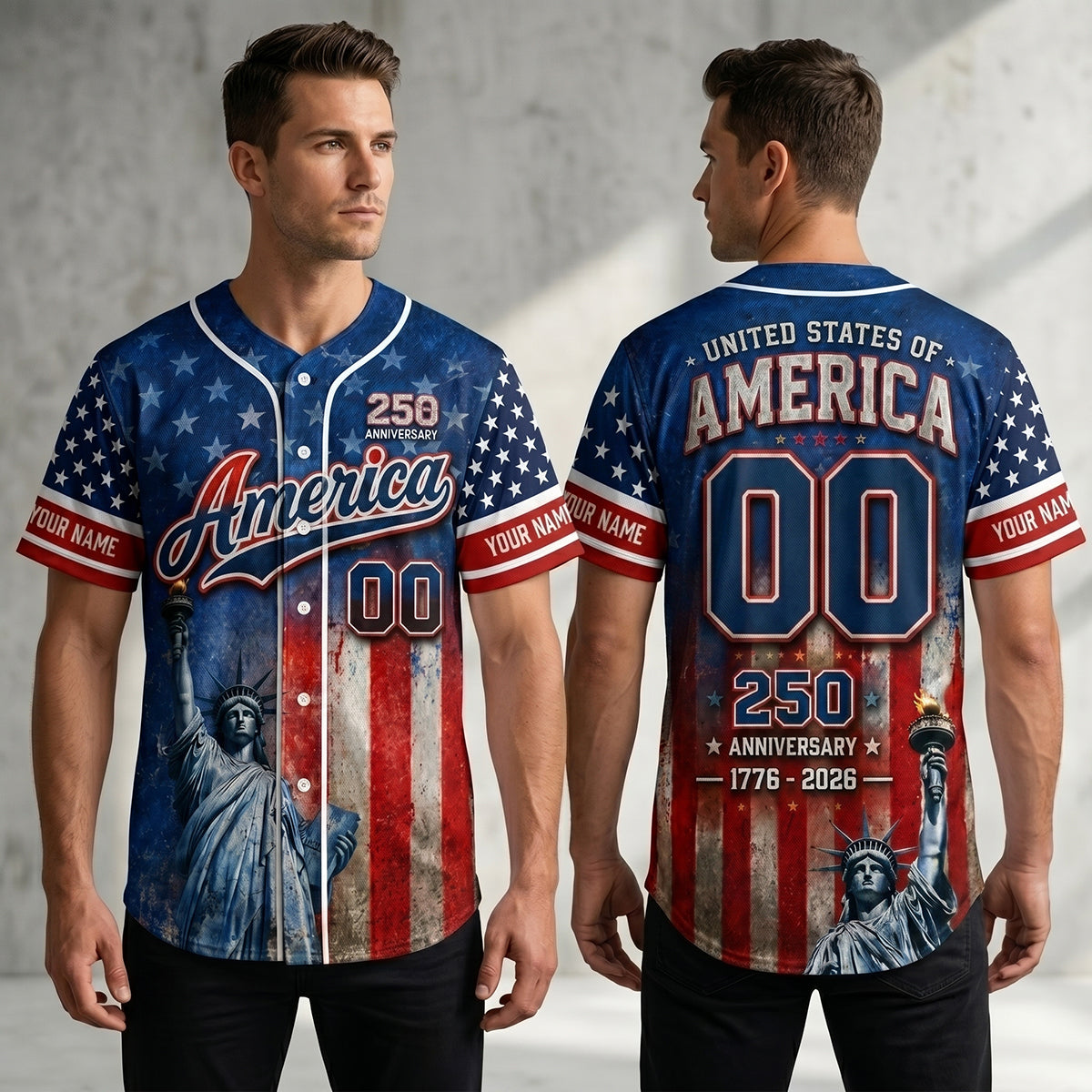 Personalized Baseball Jersey "Lady Liberty America" - 250th Anniversary Decor For Men Women