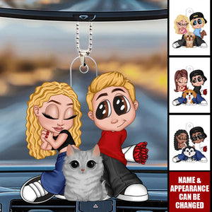 Personalized Y2K Aesthetic Couple Dogs Cats Car Ornament With Names & Appearance | Valentine's Day Gift For Couple Dog & Cat Lovers