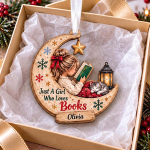 Personalized Girl Reading Book Wooden Ornament With Cat | Book Lover Christmas Tree Gift For Bookworm Girls