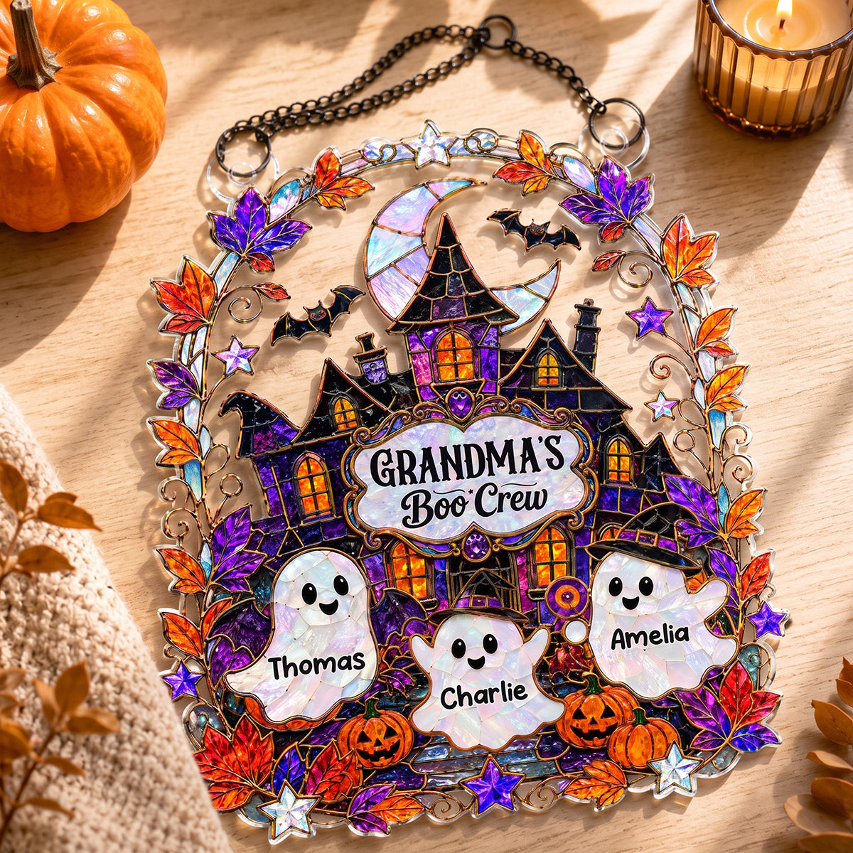 Personalized Acrylic Suncatcher Ornament | Grandma's Boo Crew Halloween Window Decor
