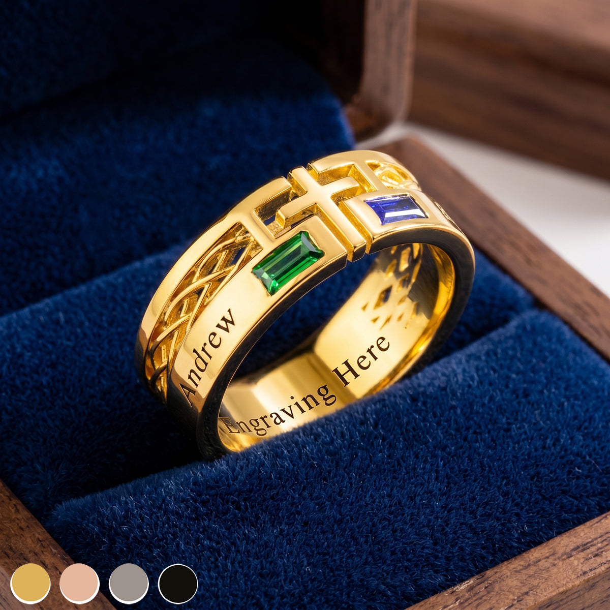 Personalized Cross Birthstone Hollow Ring | Father's Day Birthday Anniversary Gift For Dad Grandpa Men