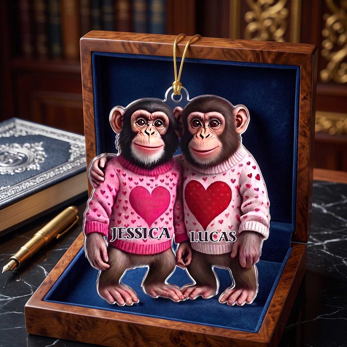 Personalized Couple Monkey Acrylic Ornament With Heart Sweater Design | Christmas Valentine Gift