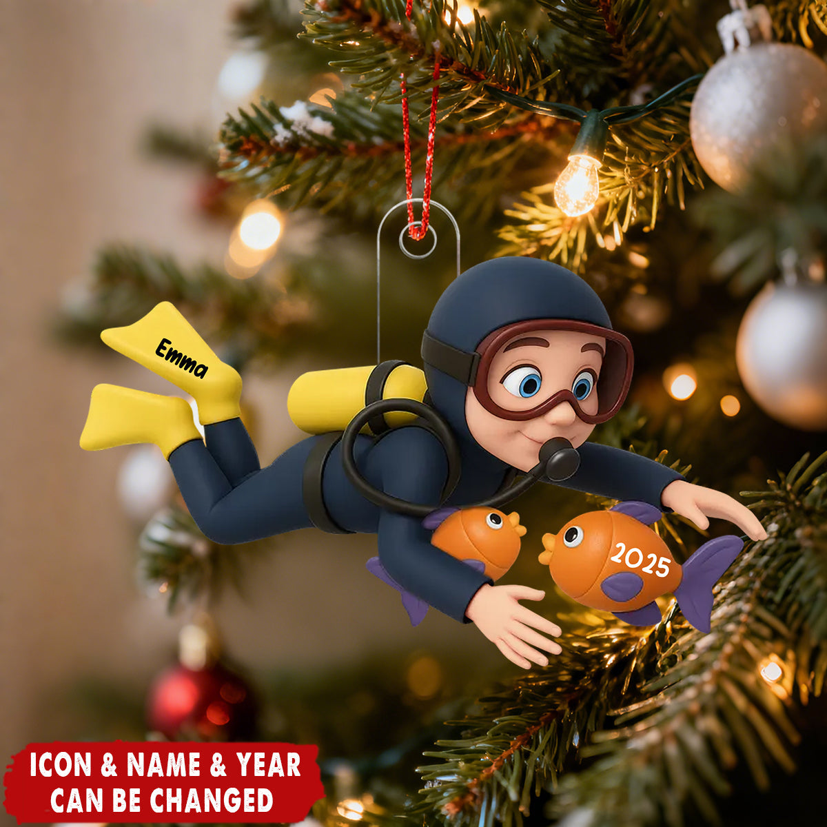 Personalized Deep Sea Diver 3D Effect Acrylic Ornament With Name And Icon – Perfect Snorkeler Xmas Gift For Scuba Diving Lovers & Kids
